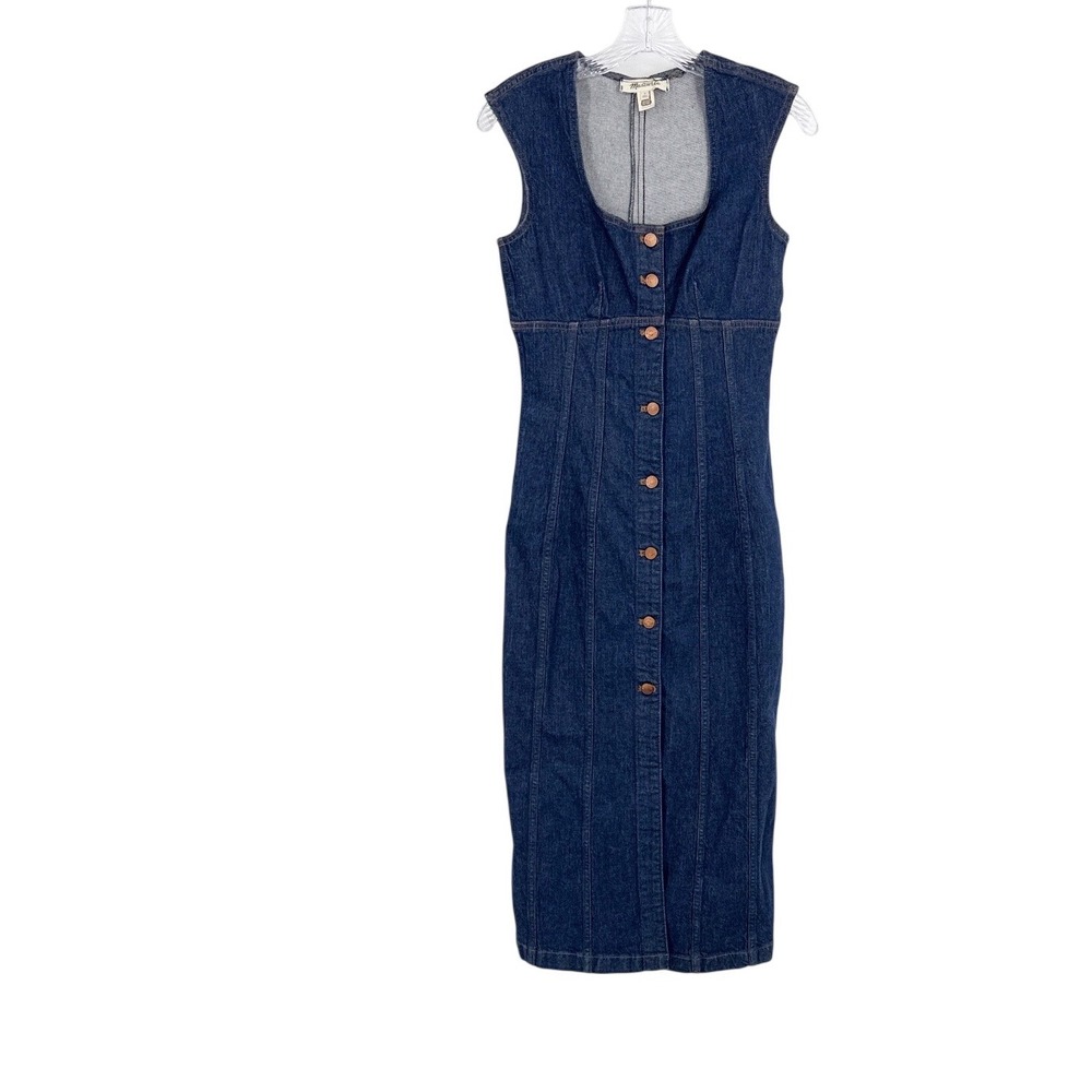 Madewell Square Neck Denim Button Front Midi Dress Benton Wash Women size 0 - Picture 3 of 10